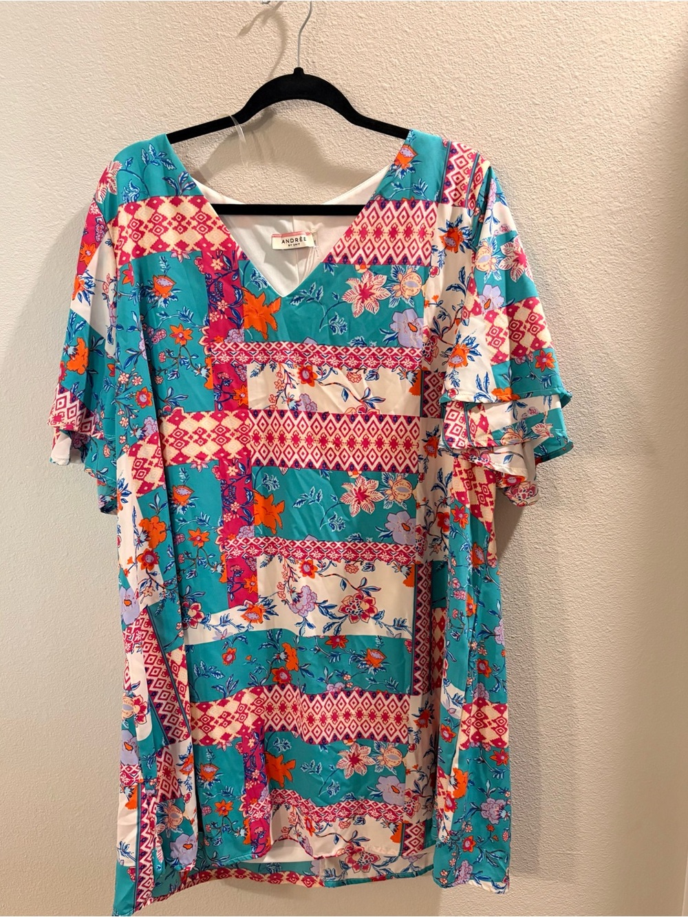 ANDREE BY UNIT Teal Patchwork Floral Midi Dress with Coral and White Accents